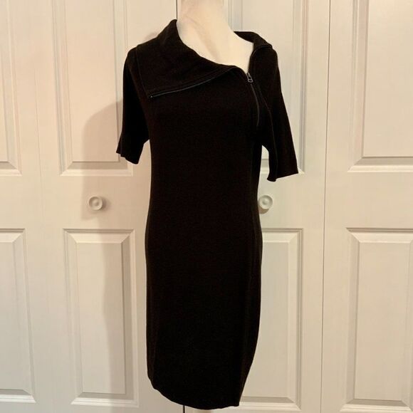 Calvin Klein Black Knit Short Sleeve Asymmetrical Neckline Midi Dress Medium - Picture 1 of 9